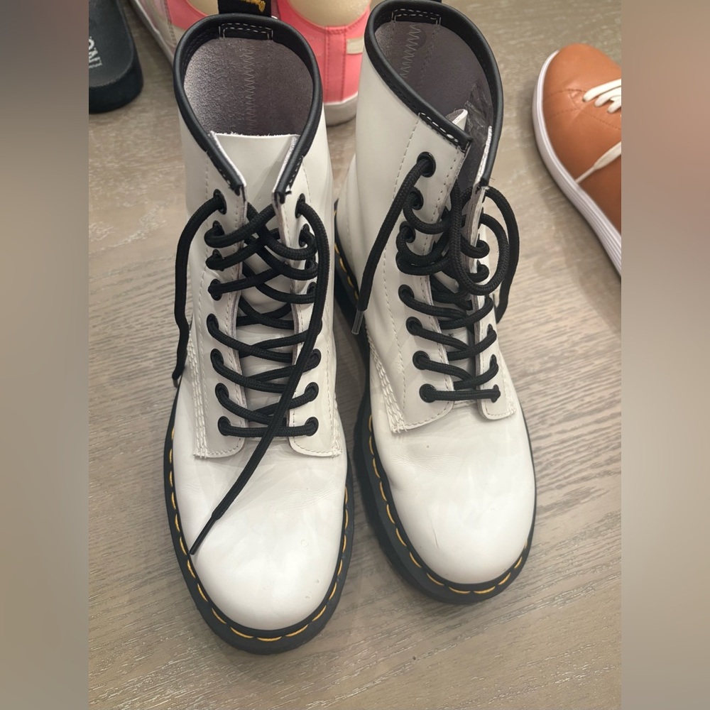 White Lace-Up Boots with Black Trim